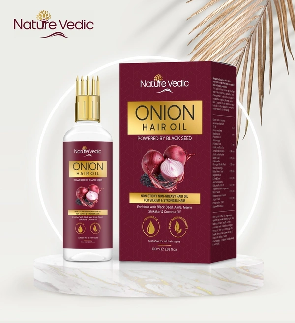 Nature Vedic Onion Hair Oil for Silkier & Stronger Hair Enriched with Black Seed, Amla, Neem, Shikakai and Coconut Oil - 100 ml